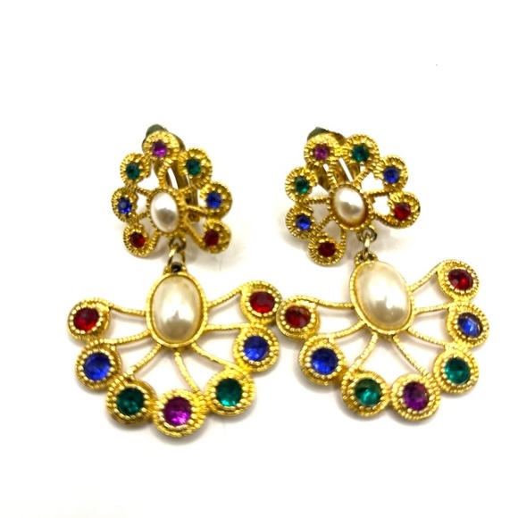 Pearl Multi Colored Rhinestones  Accents Clip on Earrings 1980’s Statement Bold - Picture 1 of 9